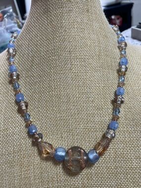 Artisan Vintage Cake Bead and Art Glass Necklace with Crystals.